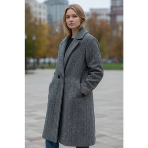 DKNY Women's Herringbone Double Breasted Wool Blend Coat Large